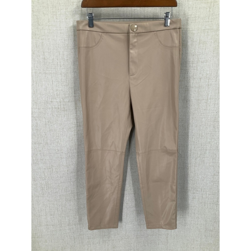 Zara Faux Leather Pants Womens Size L Tan Beige High Waisted Slim Tapered Edgy
